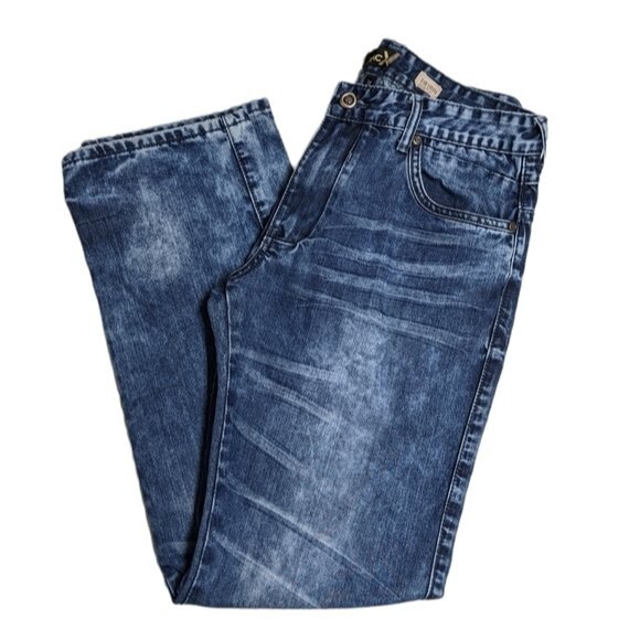 BlacX Dennis Jeans Men Size 34 Y2K Blue Acid Wash Distressed Denim Vintage Style - Picture 2 of 7